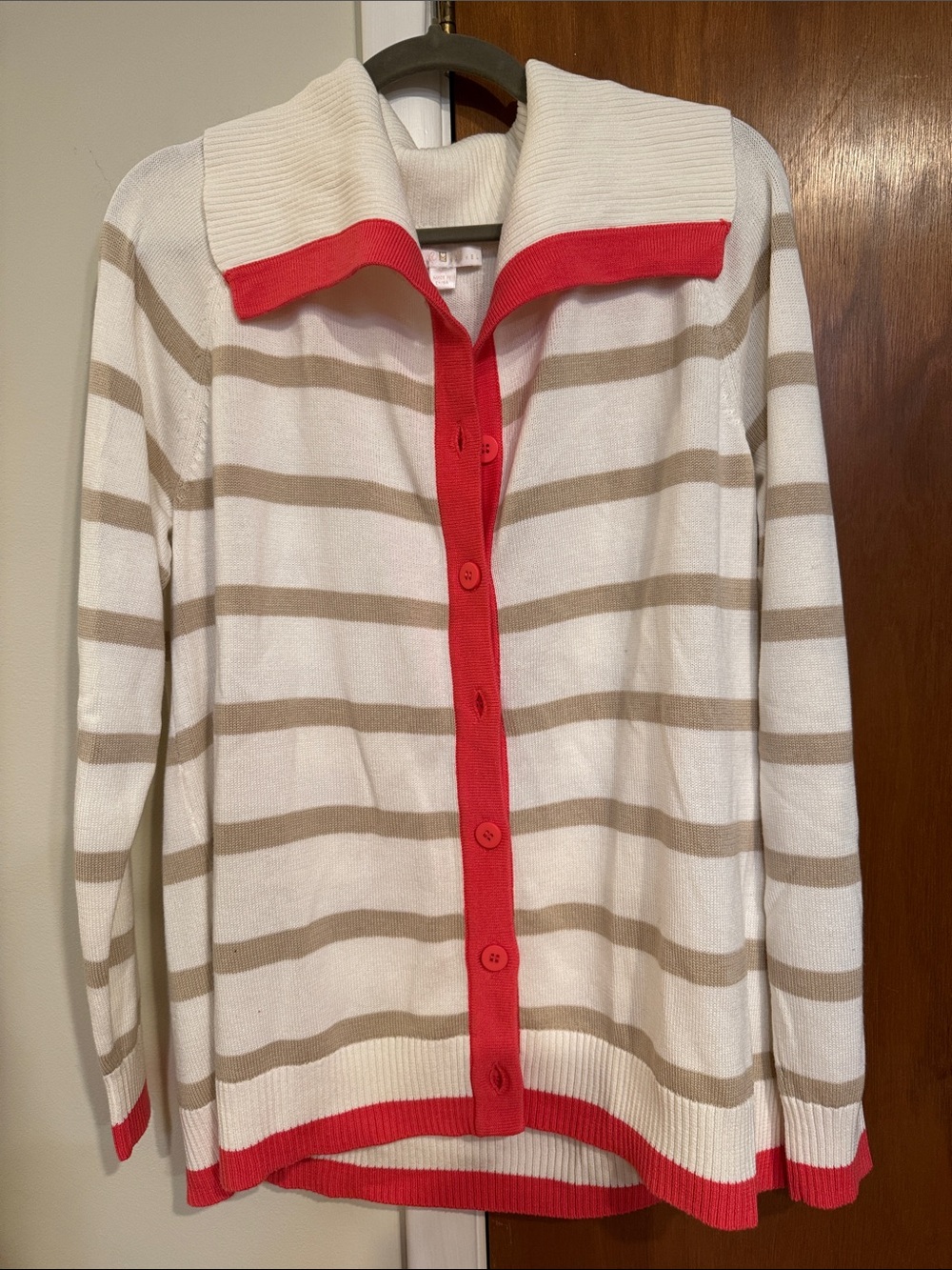 Belle by Gravel Striped Button-Front Sweater Cardigan in White, Tan & Coral